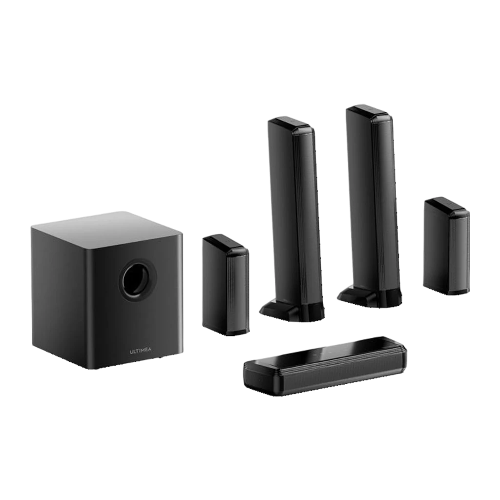 Ultimea Apollo S70 Ultra Soundbar 128GB preto, vista ambiente: satélites com luz violeta em sala e subwoofer preto com ondas - Item4