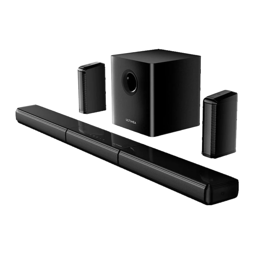 Ultimea Apollo S70 Ultra Soundbar 128GB preto, vista ambiente: satélites com luz violeta em sala e subwoofer preto com ondas - Item5
