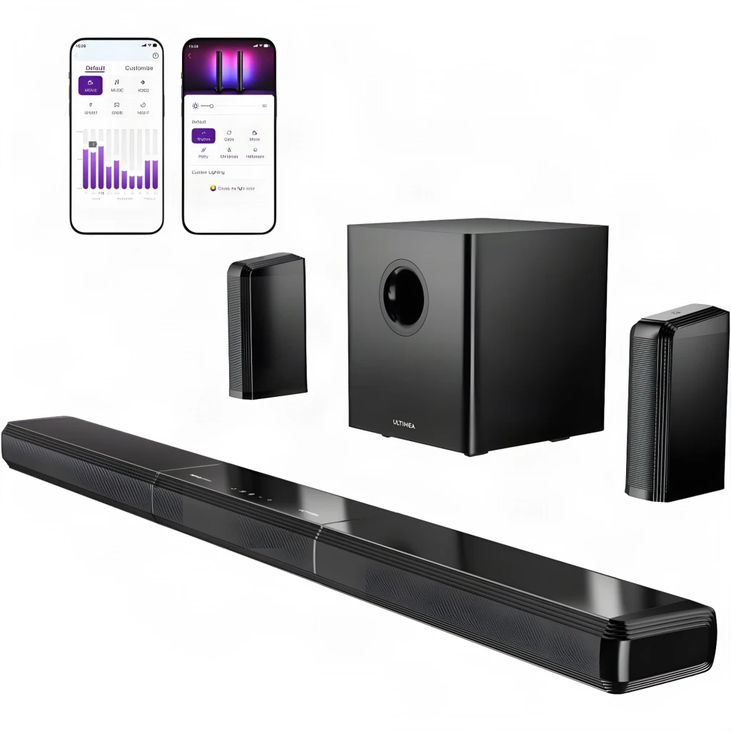 Ultimea Apollo S90 Soundbar preto, vista superior: barra, subwoofer com woofer circular e dois altifalantes satélite - Item1
