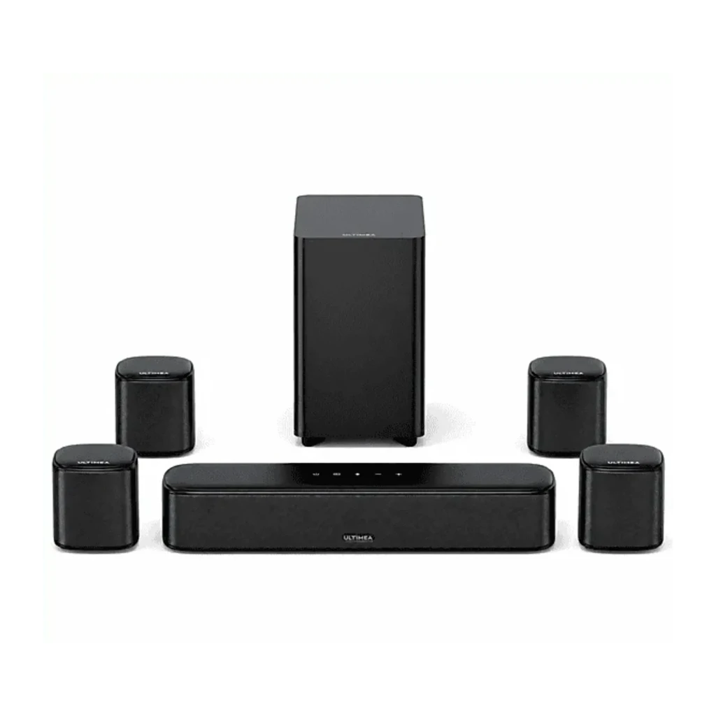Ultimea Aura A40 Soundbar Preto, vista conjunto: barra, subwoofer e 4 colunas satélite pretas em perspetiva - Item1