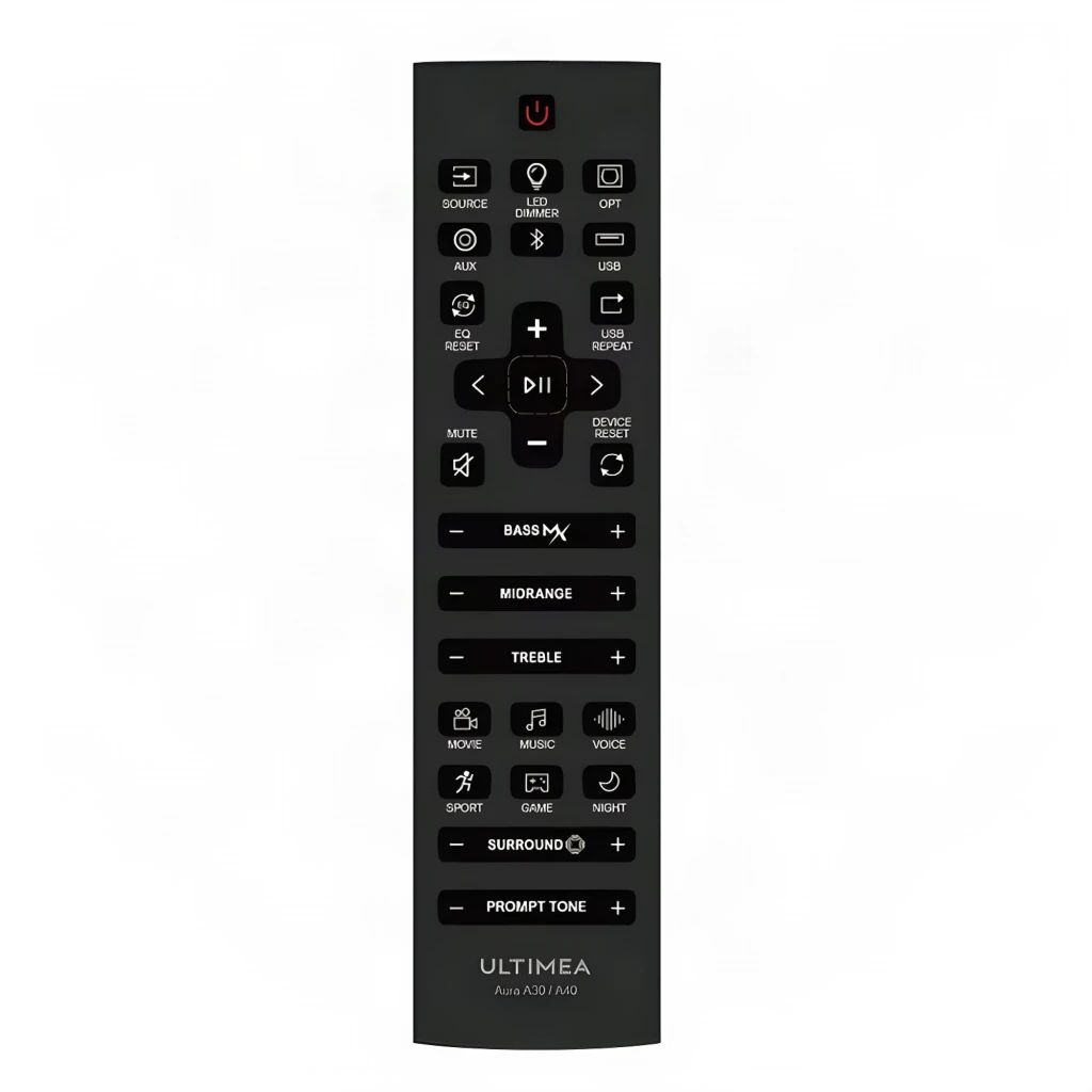 Ultimea Aura A40 Soundbar Preto, vista conjunto: barra, subwoofer e 4 colunas satélite pretas em perspetiva - Item4