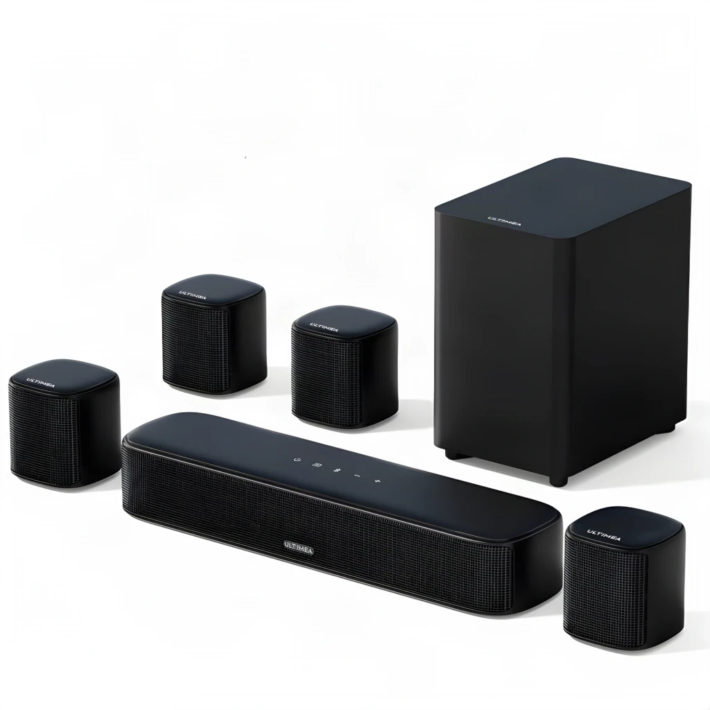 Ultimea Aura A40 Soundbar Preto, vista conjunto: barra, subwoofer e 4 colunas satélite pretas em perspetiva - Item2