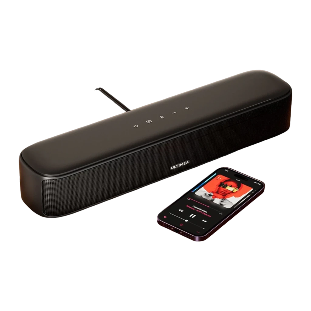 Ultimea Aura A40 Soundbar Preto, vista conjunto: barra, subwoofer e 4 colunas satélite pretas em perspetiva - Item3