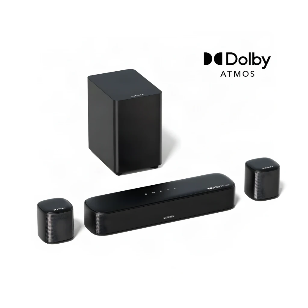 Ultimea Aura A50 Pro Soundbar Preto, vista conjunto: barra, subwoofer e dois altifalantes satélite traseiros em preto - Item2