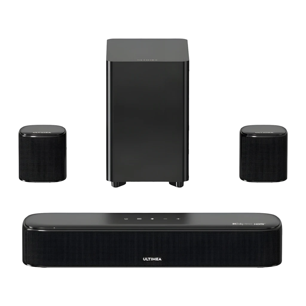 Ultimea Aura A50 Pro Soundbar Preto, vista conjunto: barra, subwoofer e dois altifalantes satélite traseiros em preto - Item1