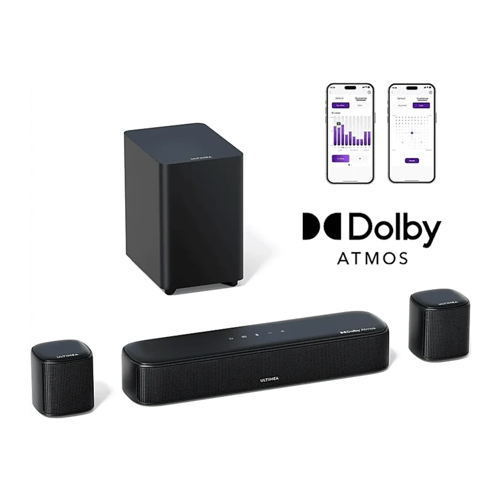 Ultimea Aura A50 Pro Soundbar Preto, vista conjunto: barra, subwoofer e dois altifalantes satélite traseiros em preto - Item3