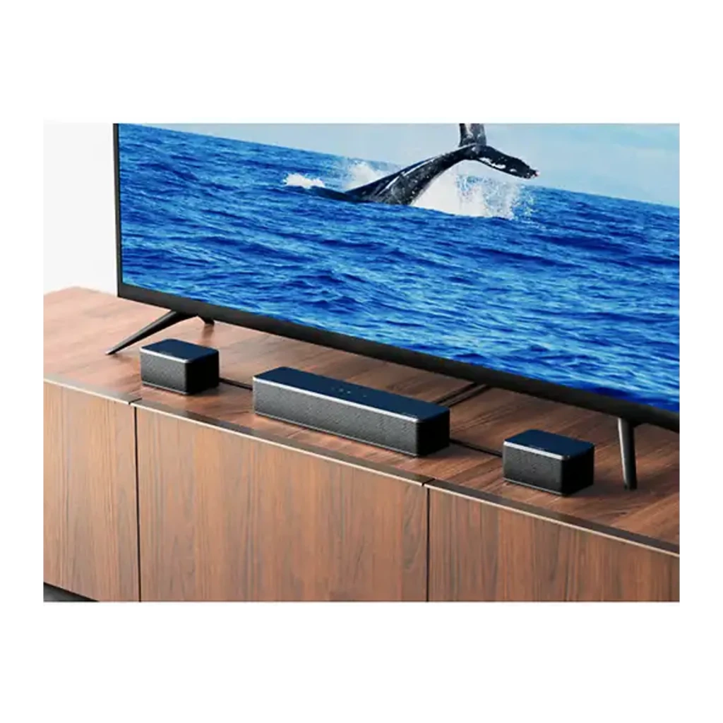 Ultimea Poseidon D70 Soundbar Preto, vista frontal: barra de som, subwoofer e 4 colunas satélite pretas do sistema 5.1 - Item3