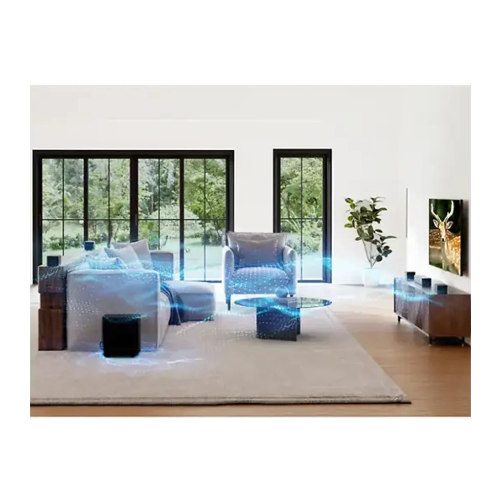 Ultimea Poseidon D70 Soundbar Preto, vista frontal: barra de som, subwoofer e 4 colunas satélite pretas do sistema 5.1 - Item4