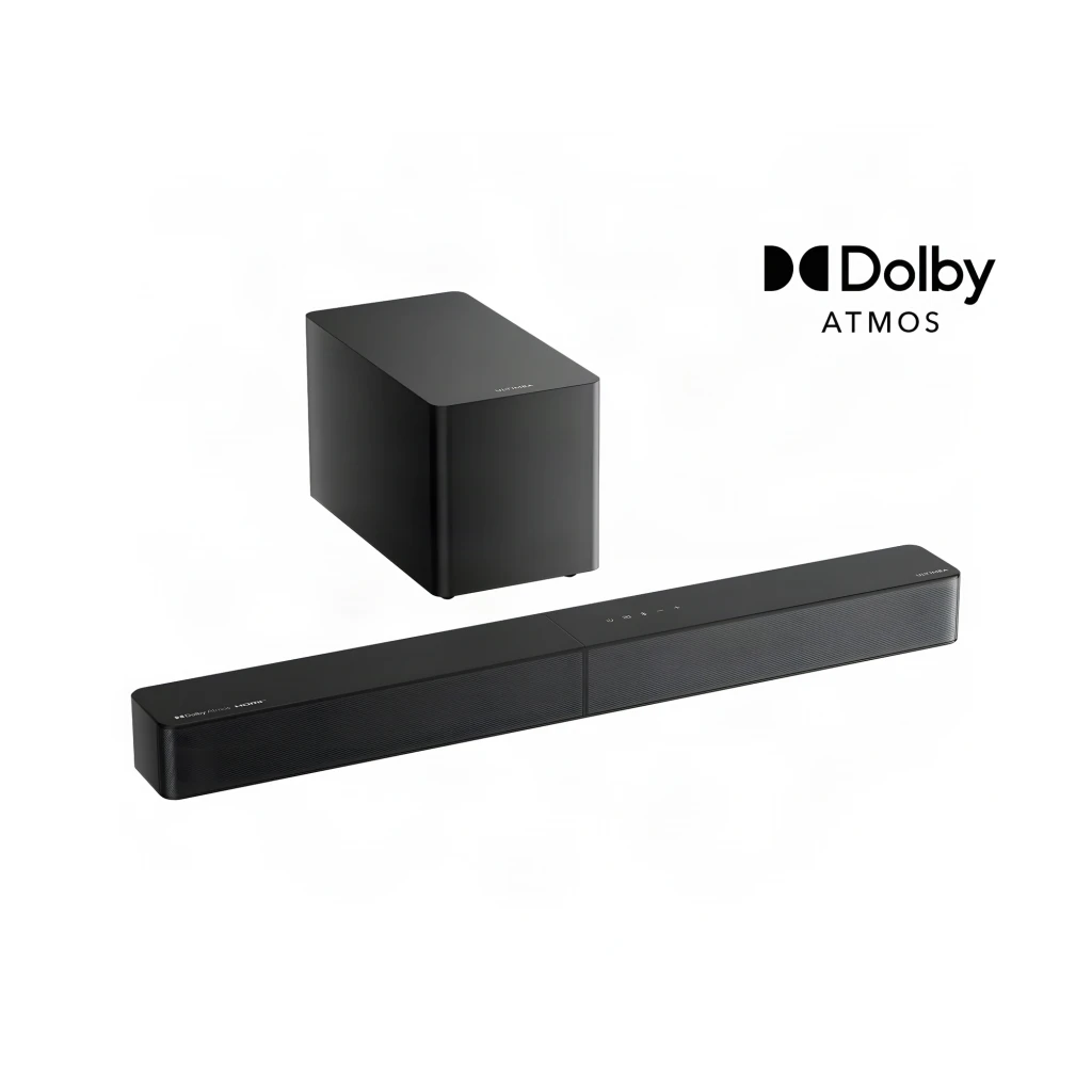 Ultimea Poseidon M60 BOOM Soundbar preto, vista superior: barra horizontal e subwoofer quadrado preto sobre fundo escuro - Item2