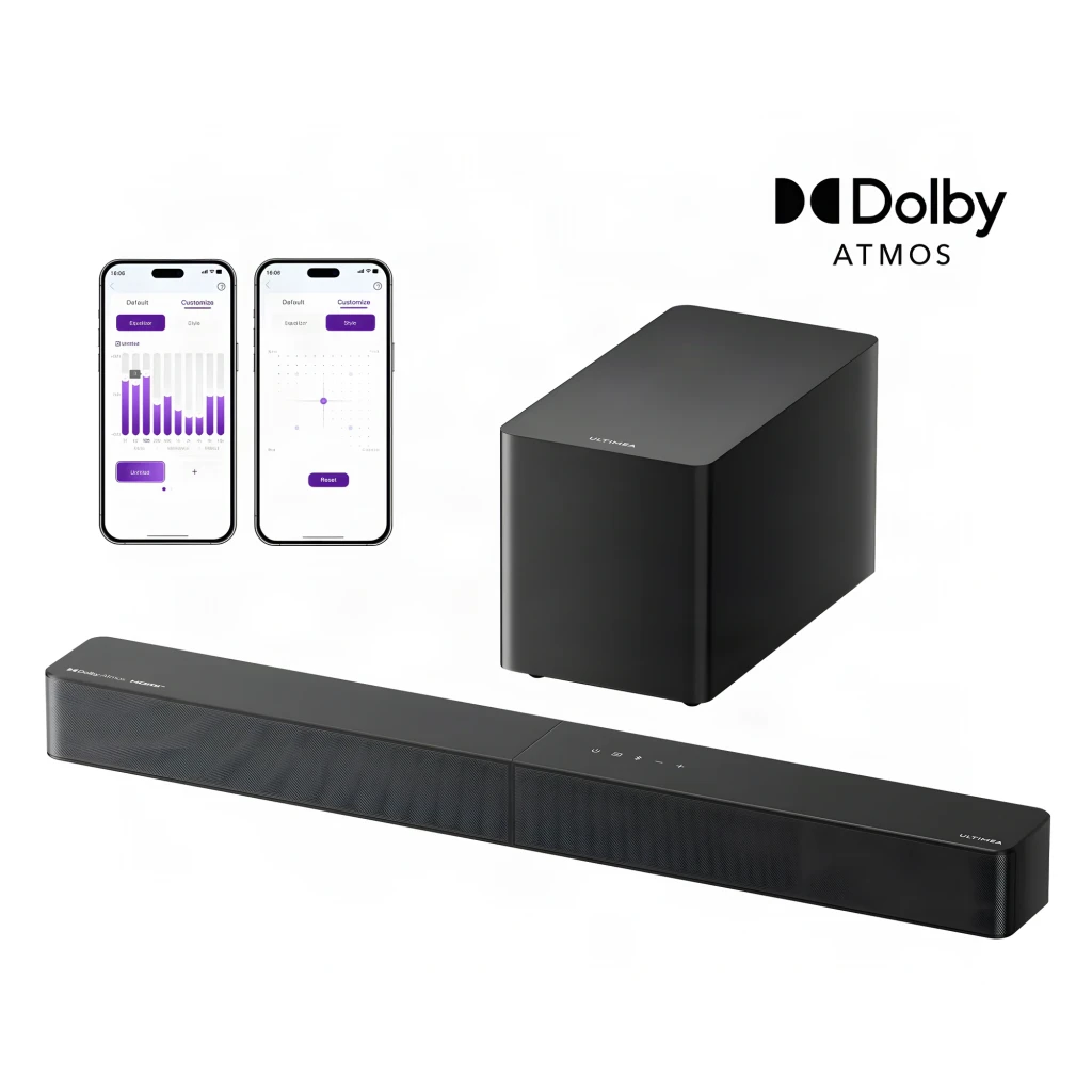 Ultimea Poseidon M60 BOOM Soundbar preto, vista superior: barra horizontal e subwoofer quadrado preto sobre fundo escuro - Item3