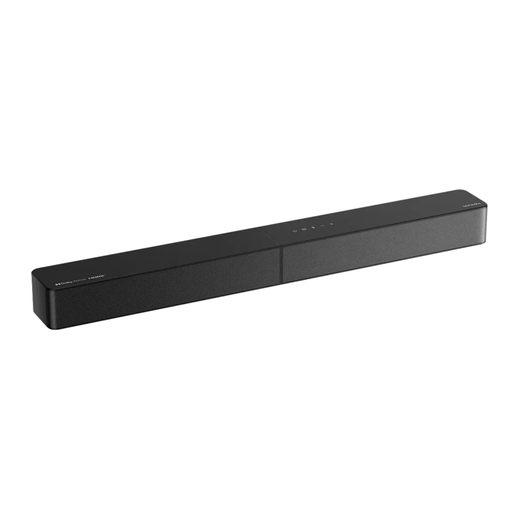 Ultimea Poseidon M60 BOOM Soundbar preto, vista superior: barra horizontal e subwoofer quadrado preto sobre fundo escuro - Item1