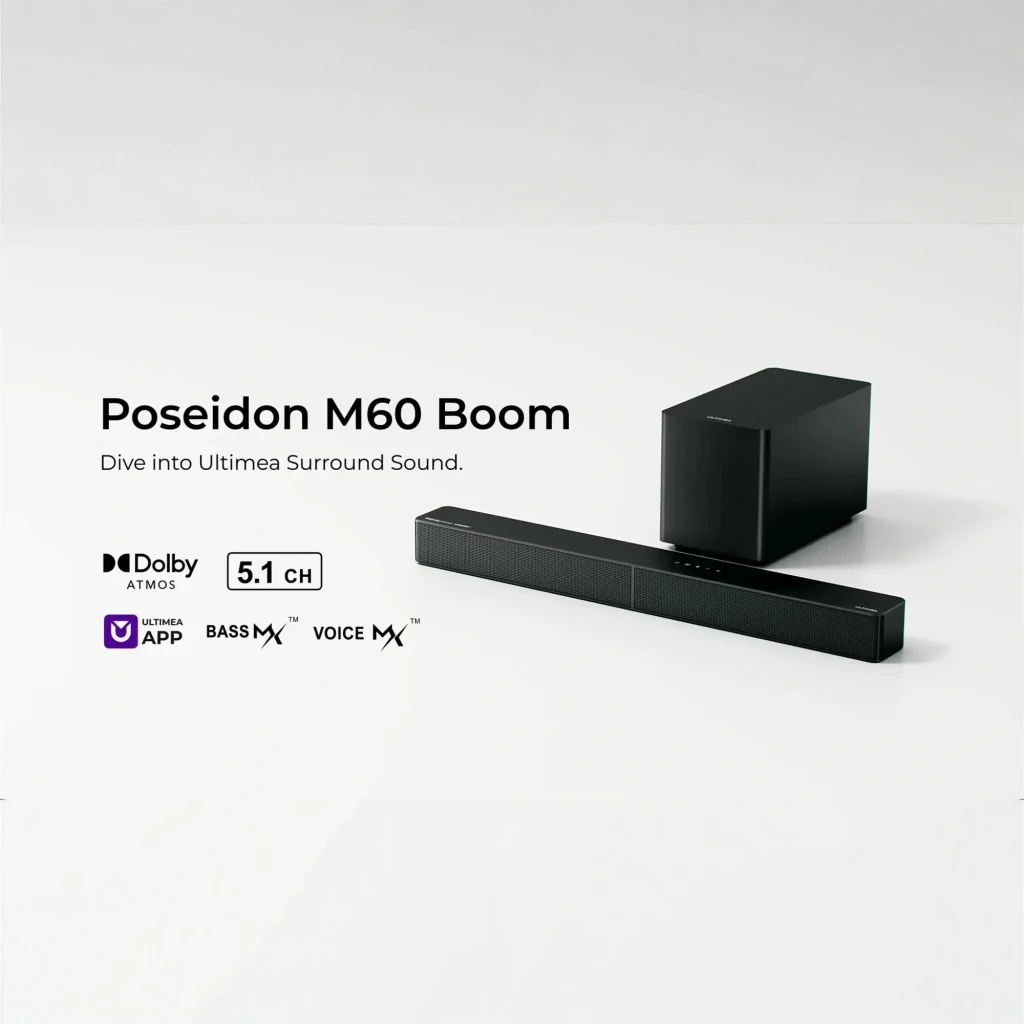 Ultimea Poseidon M60 BOOM Soundbar preto, vista superior: barra horizontal e subwoofer quadrado preto sobre fundo escuro - Item4