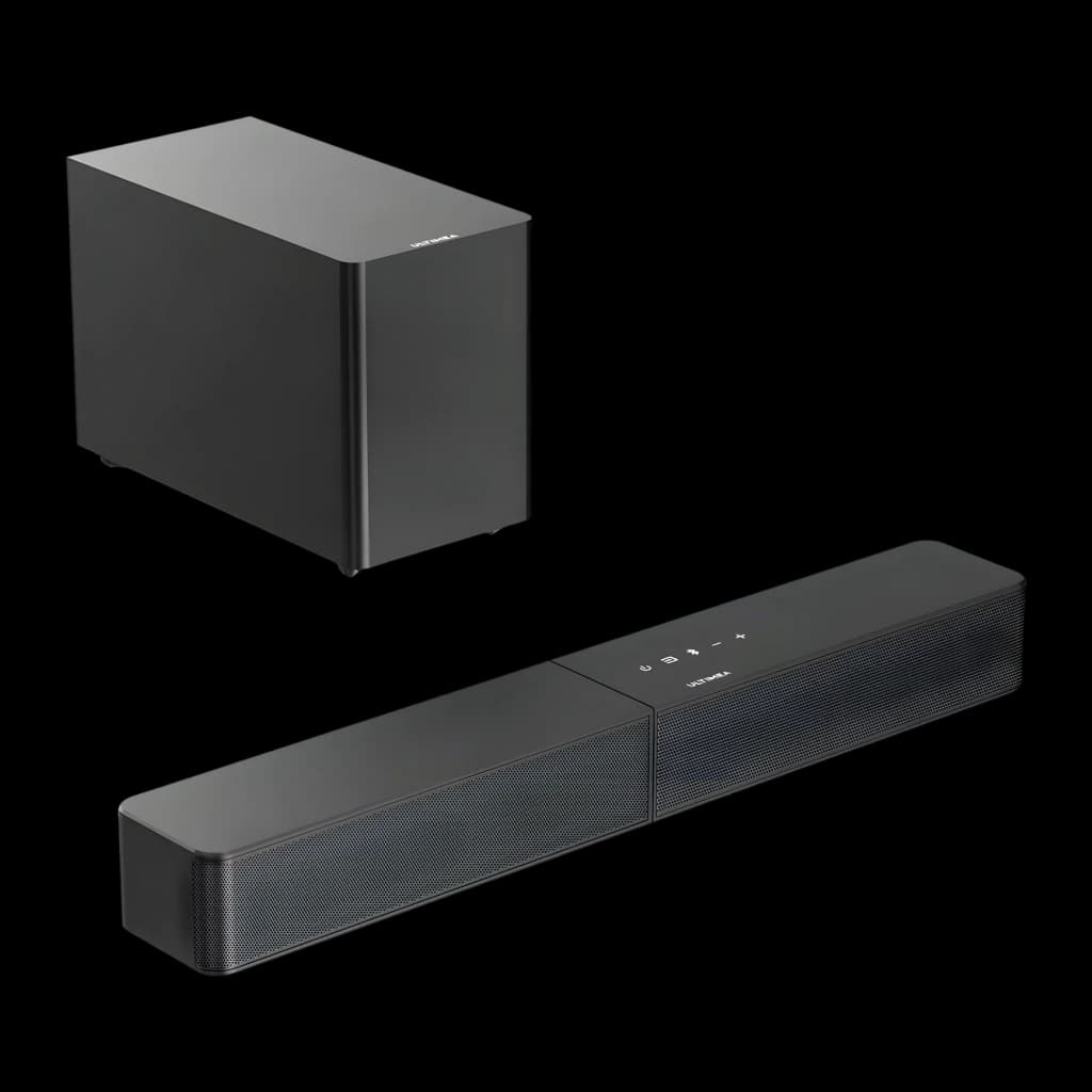 Ultimea Poseidon R3T Soundbar noir, vue ensemble en angle: barre avec grille et boutons tactiles supérieurs avec caisson