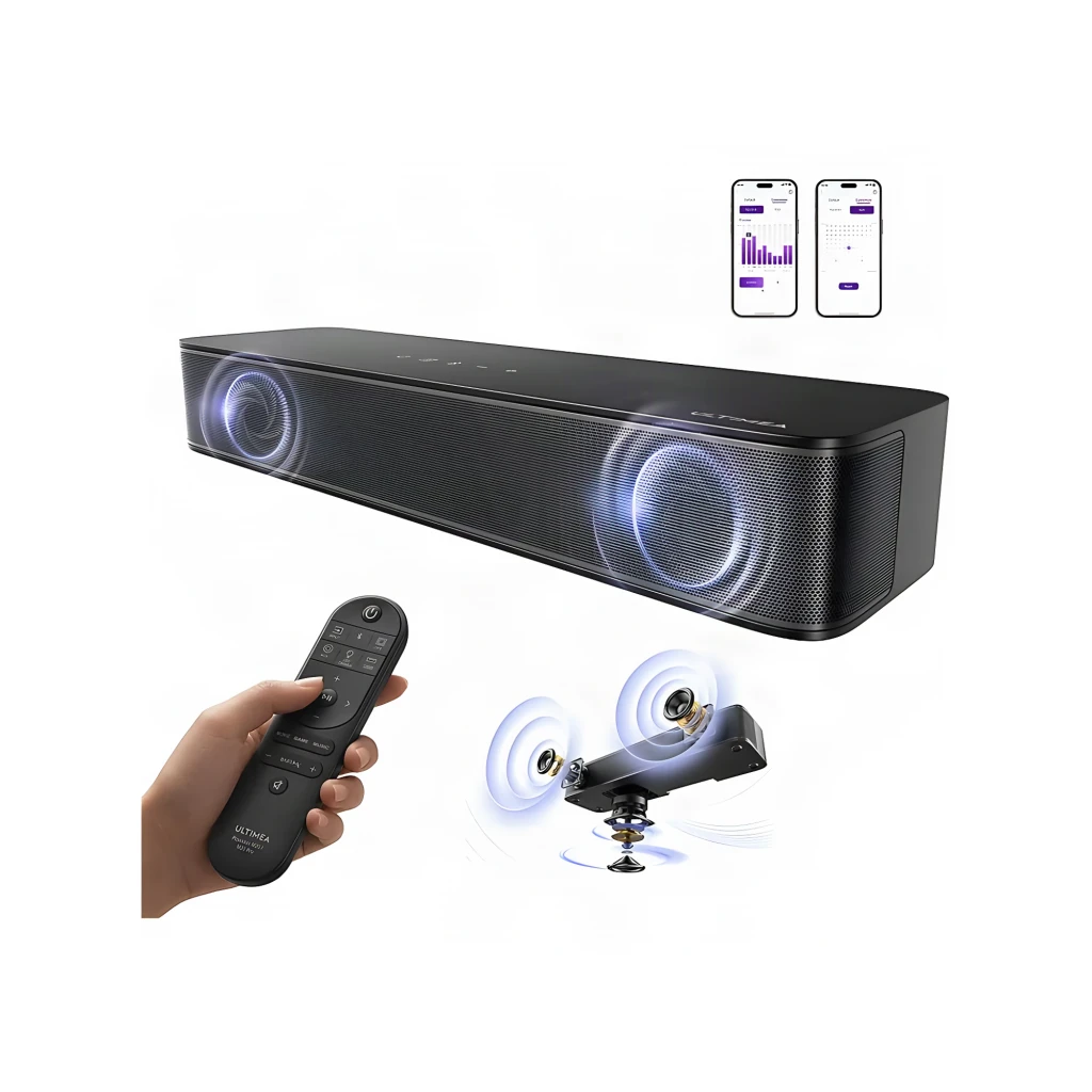 Ultimea Poseidon R3T Soundbar preto, vista conjunto em ângulo: barra com grelha e botões táteis superiores ao lado de - Item3