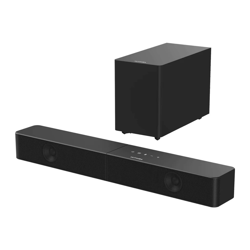 Ultimea Poseidon R3T Soundbar preto, vista conjunto em ângulo: barra com grelha e botões táteis superiores ao lado de - Item1
