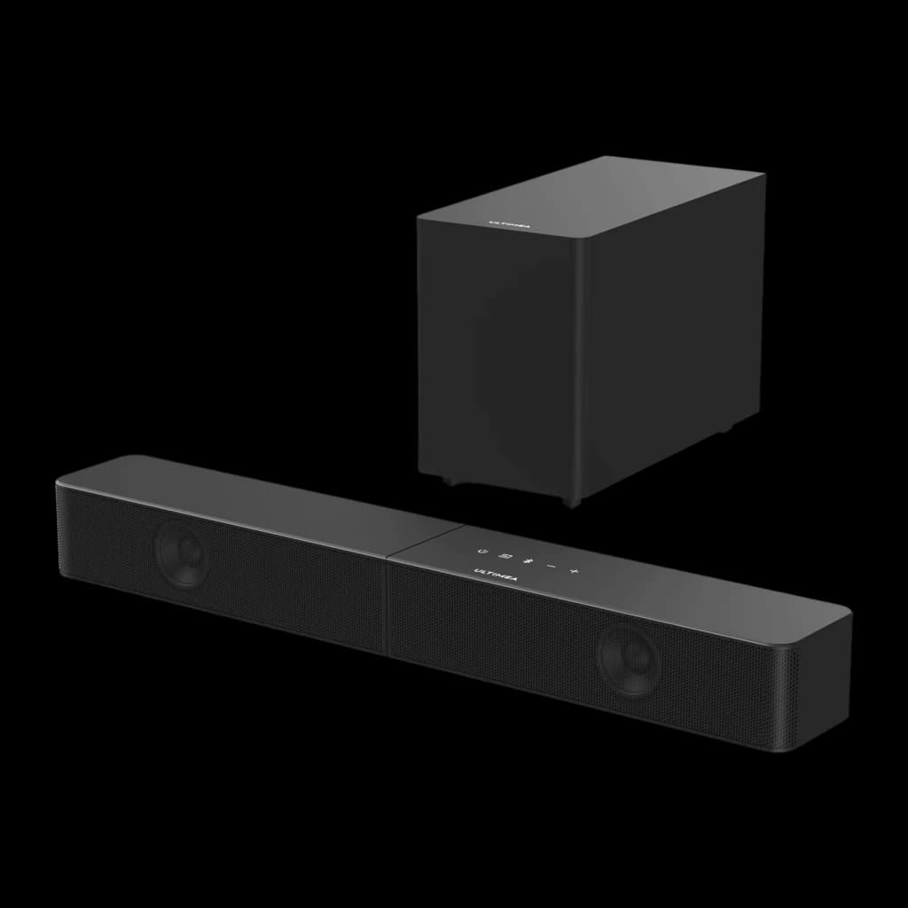 Ultimea Poseidon R3T Soundbar Noir, vue diagonale: barre avec grille et caisson cubique noir sur fond sombre