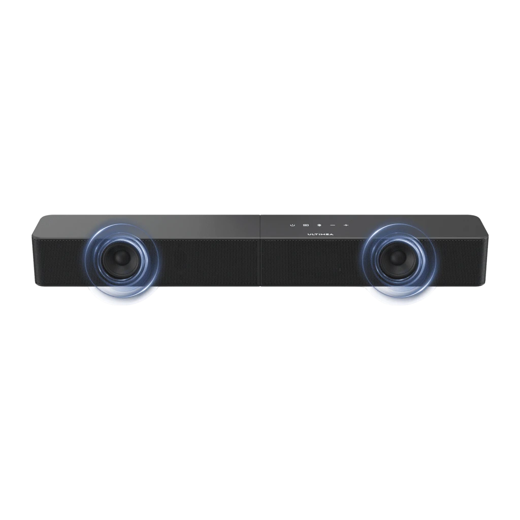 Ultimea Poseidon R3T Soundbar preto, vista conjunto em ângulo: barra com grelha e botões táteis superiores ao lado de - Item2