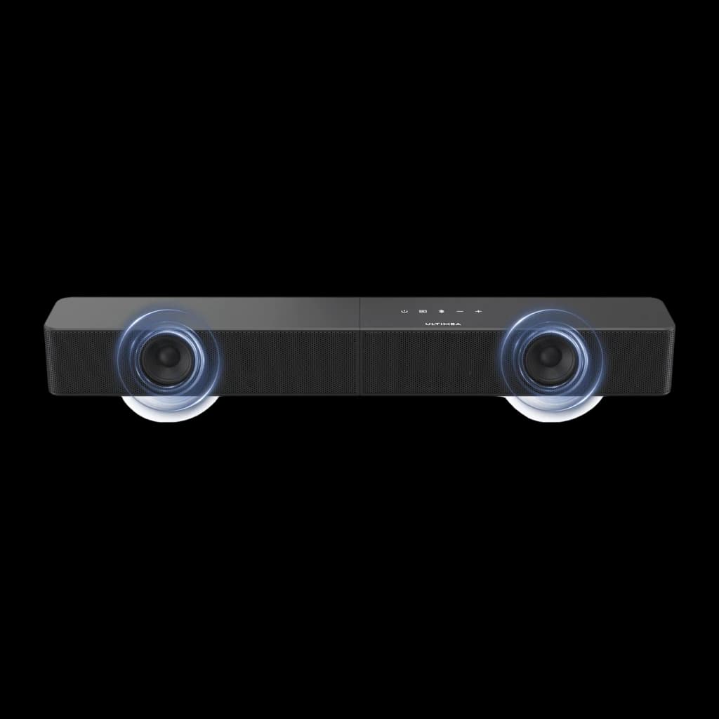 Ultimea Poseidon R3T Soundbar noir, vue de face: deux haut-parleurs latéraux avec effet d'onde bleue et boutons centraux