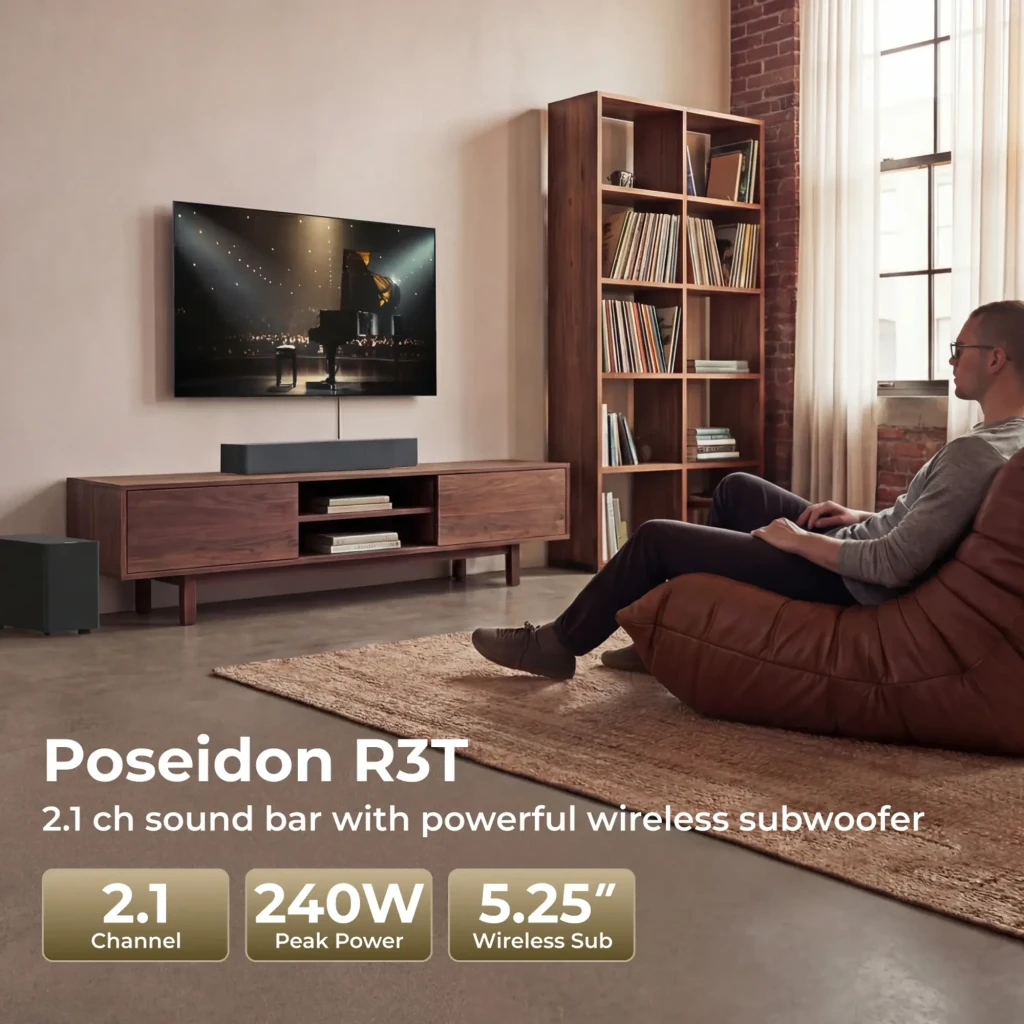 Ultimea Poseidon R3T Soundbar preto, vista conjunto em ângulo: barra com grelha e botões táteis superiores ao lado de - Item4