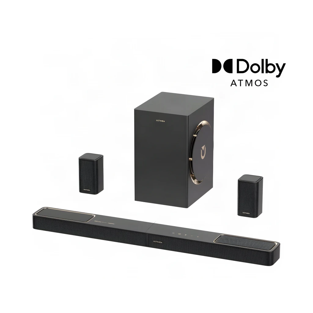 Ultimea Skywave F40 BOOM Soundbar preto, vista conjunto: barra, subwoofer com aro dourado e dois altifalantes satélite - Item1