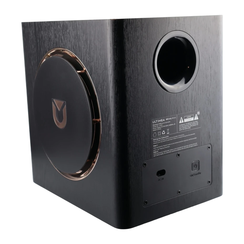 Ultimea Skywave X40 Soundbar preto, subwoofer vista frontal-lateral: acabamento madeira preta, aro cobre e logo Ultimea - Item1