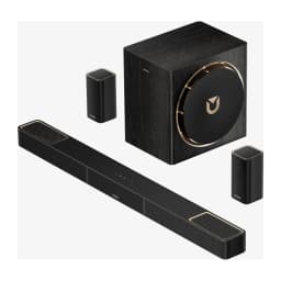 Ultimea Skywave X50 Soundbar Noir, vue ensemble: barre, caisson cubique et deux satellites avec accents dorés