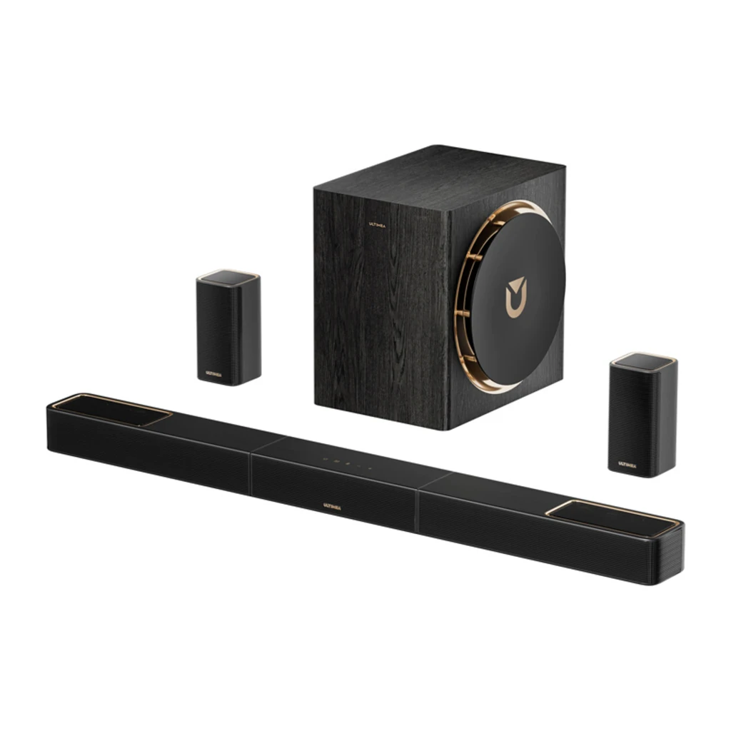 Ultimea Skywave X50 Soundbar Preto, vista conjunto: barra, subwoofer cúbico e dois satélites com detalhes dourados - Item1