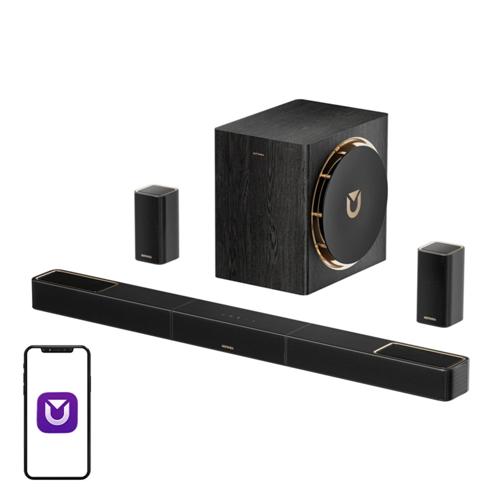 Ultimea Skywave X50 Soundbar Preto, vista conjunto: barra, subwoofer cúbico e dois satélites com detalhes dourados - Item2