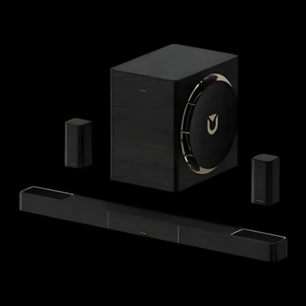 Ultimea Skywave X70 Soundbar Negro, vista conjunto: barra, subwoofer con logo dorado y dos altavoces satélite negros