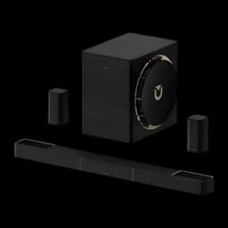Ultimea Skywave X70 Soundbar Negro, vista conjunto: barra, subwoofer con logo dorado y dos altavoces satélite negros