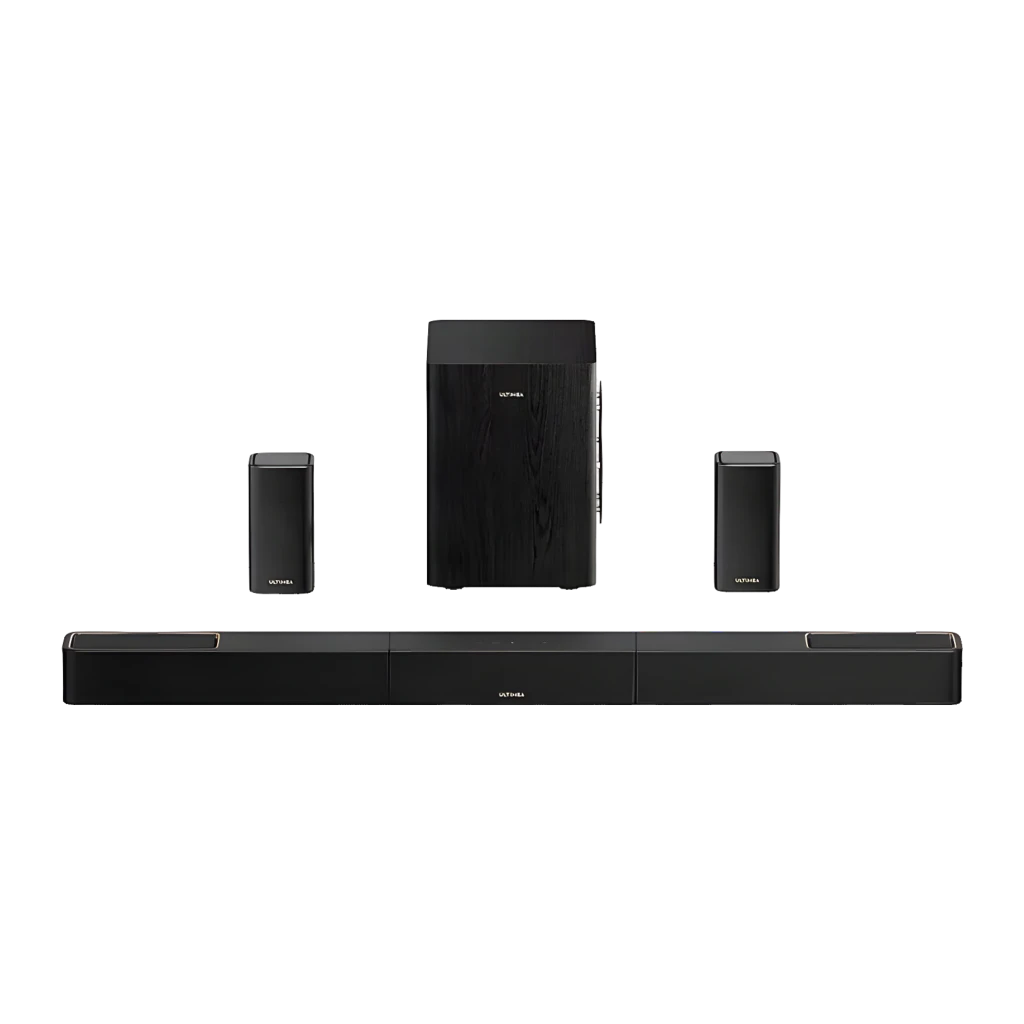 Ultimea Skywave X70 Soundbar Preto, vista conjunto: barra, subwoofer com logo dourado e dois altifalantes satélite pretos - Item2