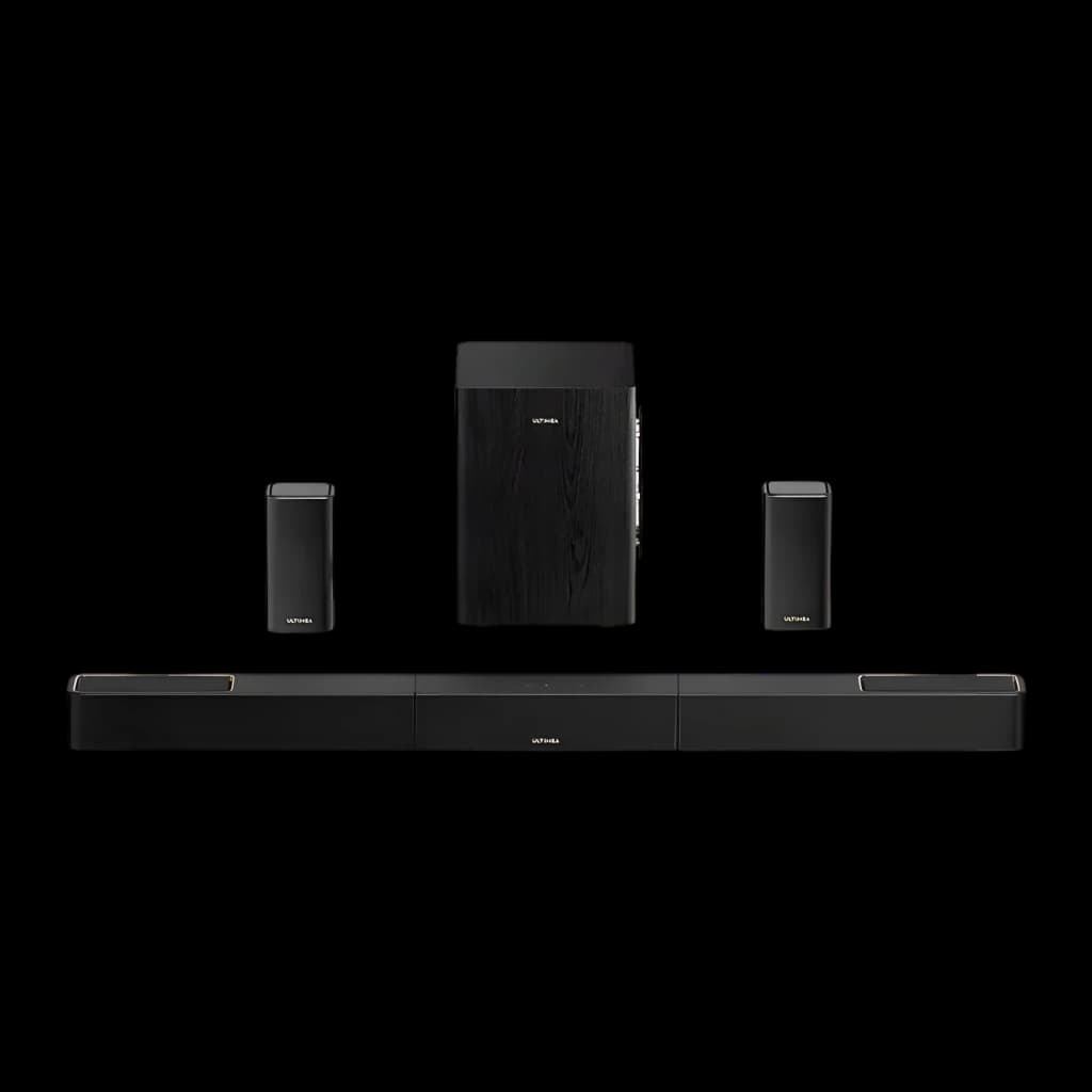 Ultimea Skywave X70 Soundbar Negro, vista frontal: barra, subwoofer de madera y dos altavoces satélite negros