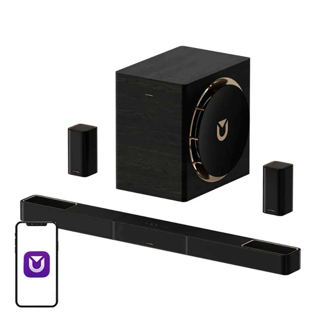 Ultimea Skywave X70 Soundbar Preto, vista conjunto: barra, subwoofer com logo dourado e dois altifalantes satélite pretos - Item1