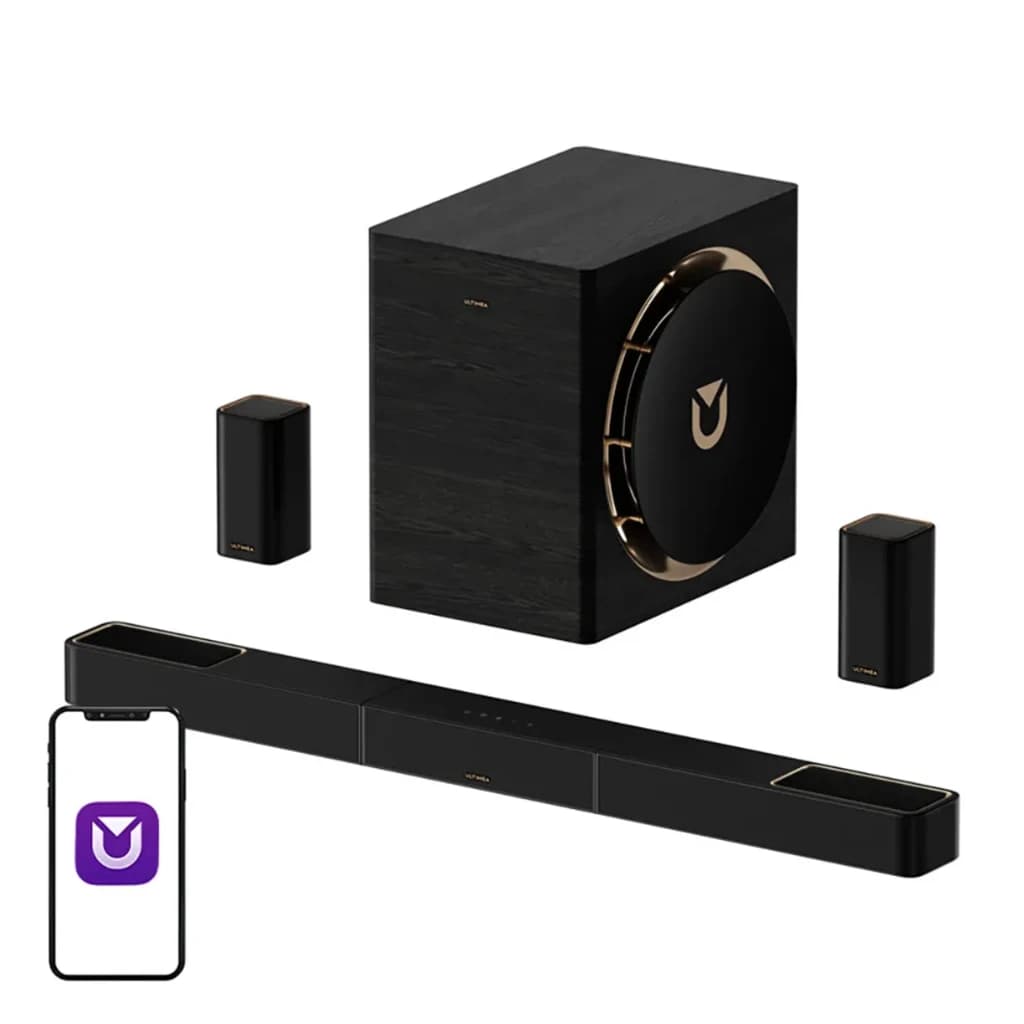 Ultimea Skywave X70 Soundbar Negro, vista conjunto: barra, subwoofer con aro dorado, dos altavoces traseros y app móvil