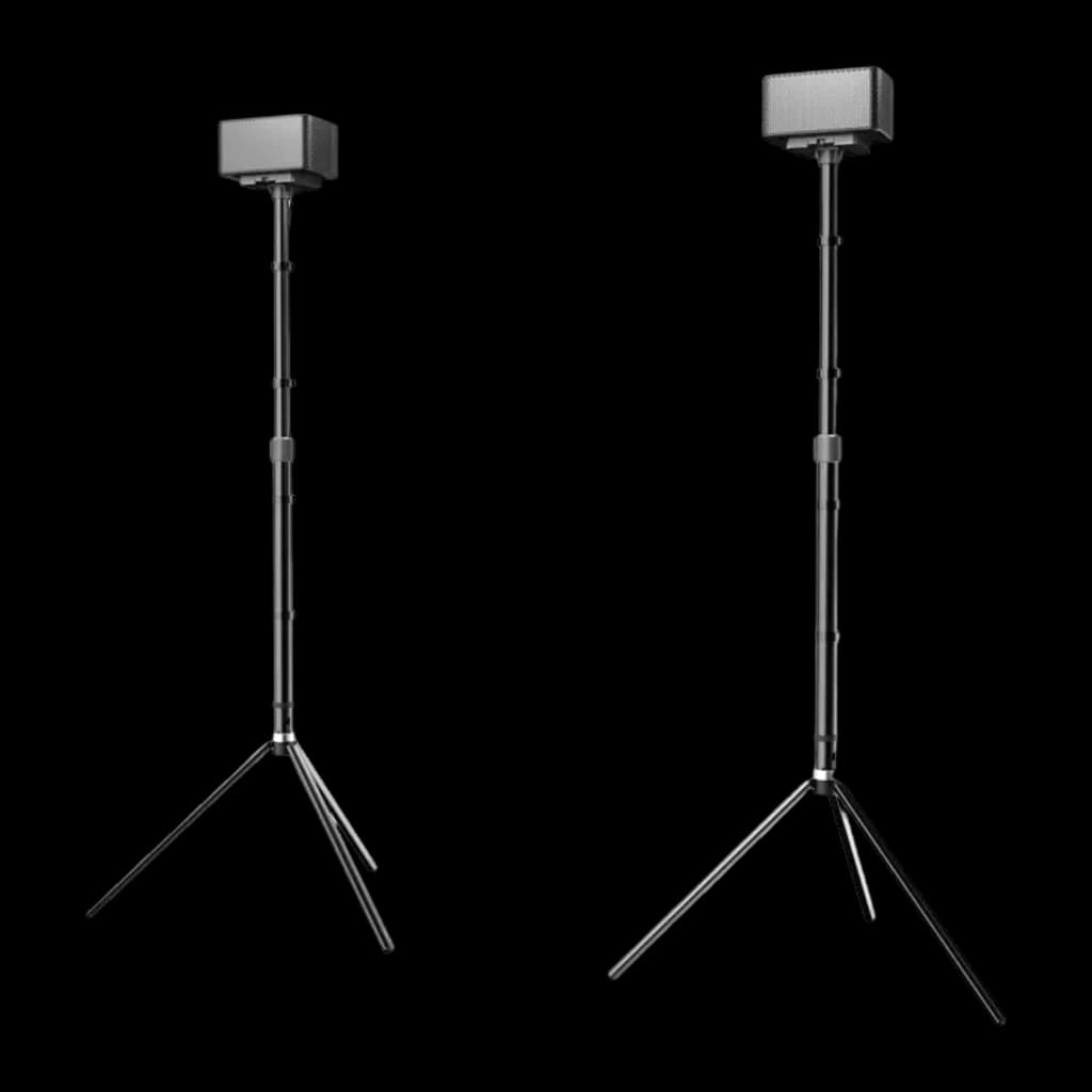 Ultimea Stands Steady 300 noir, vue de face: deux pieds d'enceinte avec trépied et enceinte carrée montée en haut
