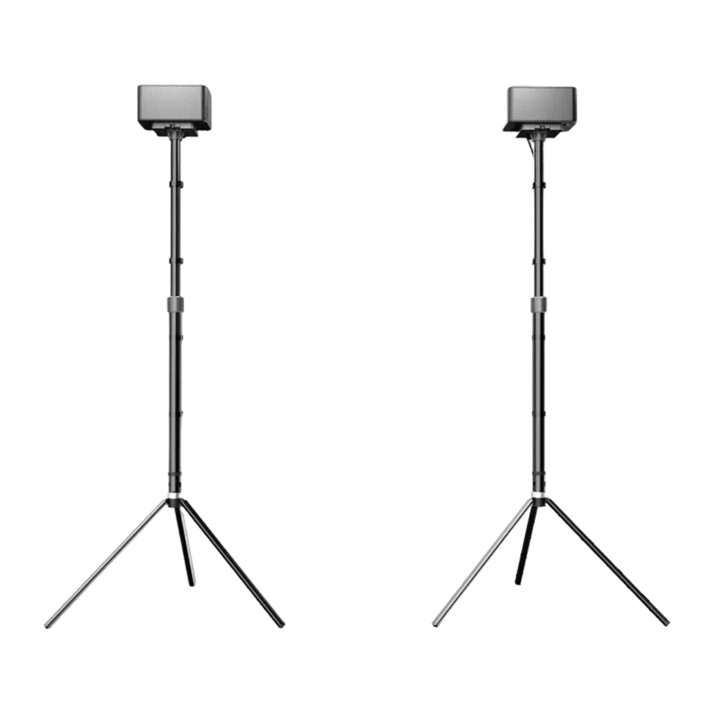 Ultimea Stands Steady 300 negro, vista frontal: dos soportes de altavoz con trípode y altavoz cuadrado en lo alto - Ítem2