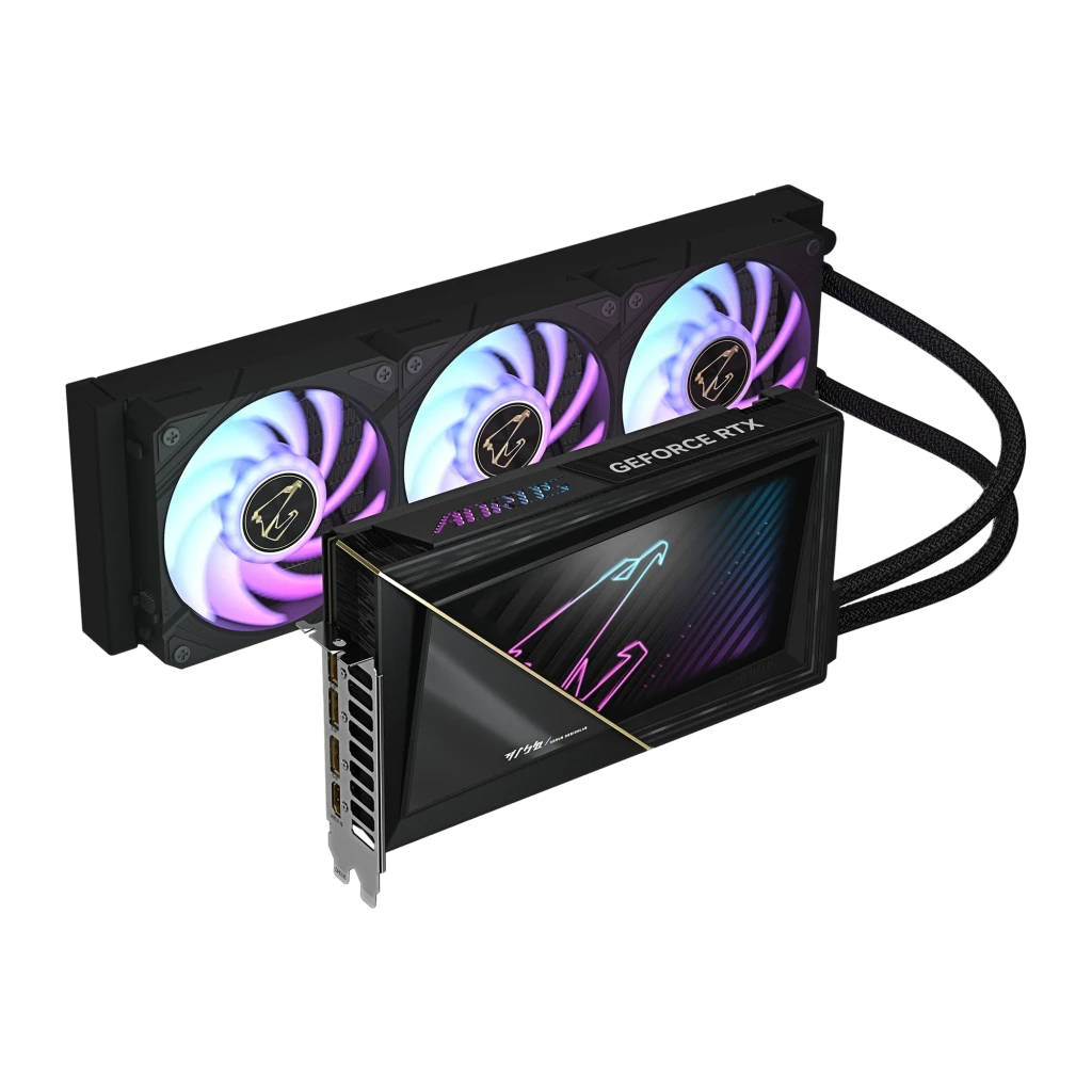 AORUS GeForce RTX 5090 XTREME WATERFORCE 32GB negro, producto con caja: tarjeta y radiador doble ventilador RGB junto al - Ítem1