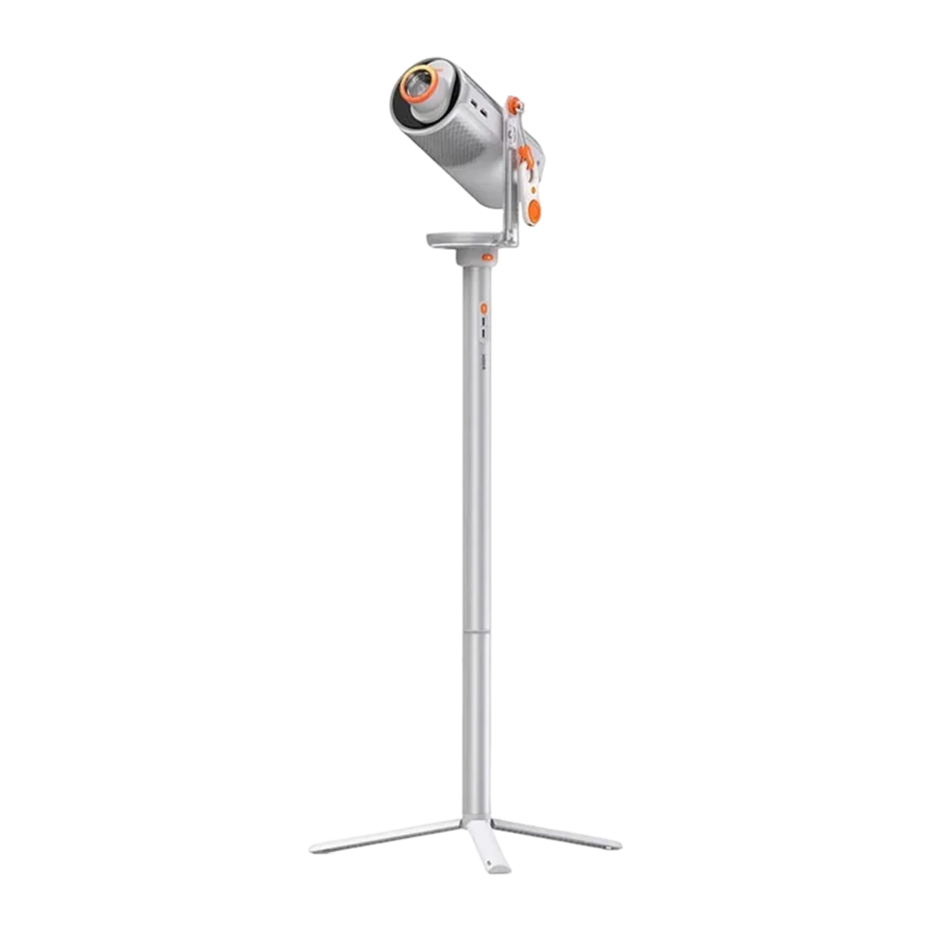 XGIMI MoGo 4 Laser Kit argenté, vue latérale: objectif allumé, grille haut-parleur, ports USB et HDMI, support incliné avec - Ítem3
