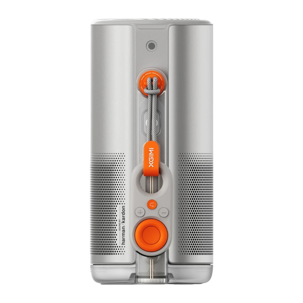 XGIMI MoGo 4 Laser Kit argenté, vue latérale: objectif allumé, grille haut-parleur, ports USB et HDMI, support incliné avec - Ítem1