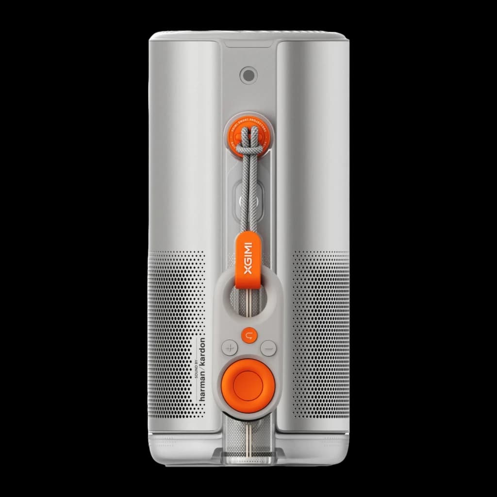 XGIMI MoGo 4 Laser Kit plateado, vista trasera: rejillas Harman Kardon, cordón naranja, botones de control y logo XGIMI