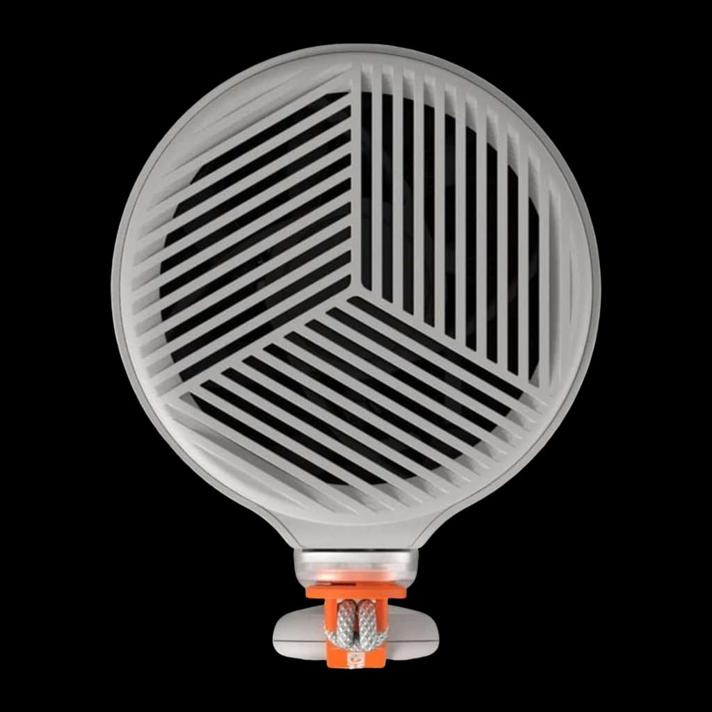 XGIMI MoGo 4 Laser Kit plateado, vista frontal inferior: rejilla circular con patrón geométrico en Y y conector naranja de