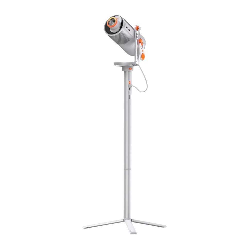 XGIMI MoGo 4 Projecteur 16GB argenté, vue avant-latérale: objectif, grille haut-parleur, support articulé orange et cordon - Ítem1