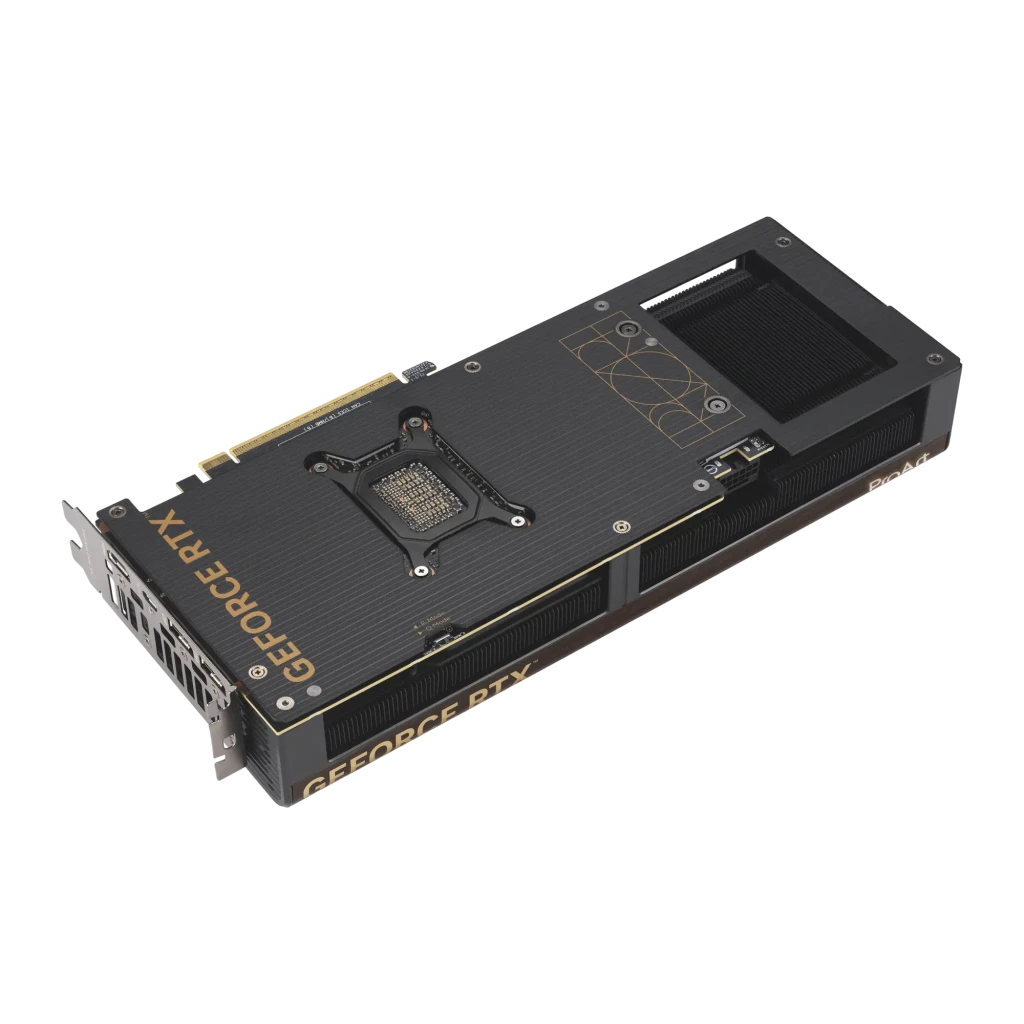 ASUS GeForce RTX 5070 Ti ProArt OC negro, kit tarjeta y caja: tres ventiladores con medallones dorados junto a caja ProArt - Ítem2