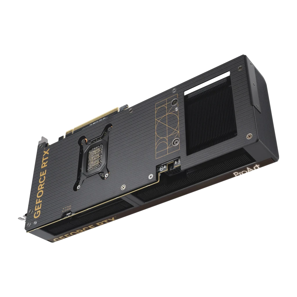 ASUS GeForce RTX 5070 Ti ProArt OC negro, kit tarjeta y caja: tres ventiladores con medallones dorados junto a caja ProArt - Ítem3