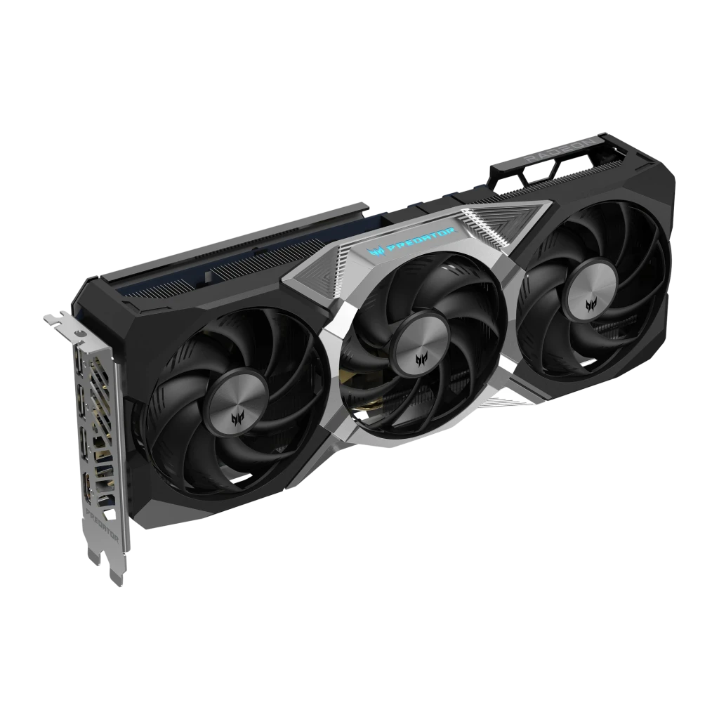 Acer Predator BiFrost Radeon RX 9070 XT 16GB, tarjeta y caja: vista frontal con triple ventilador y packaging OC - Ítem2
