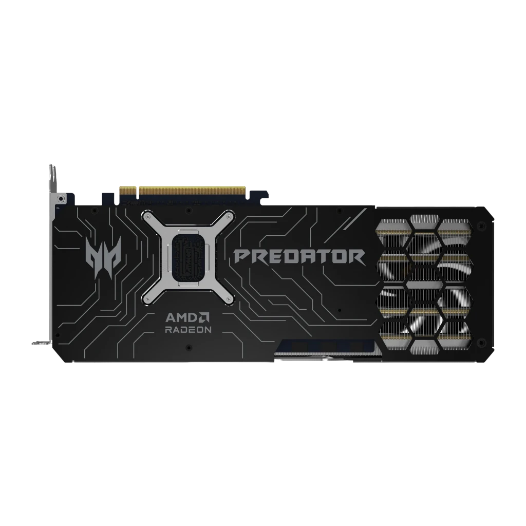 Acer Predator BiFrost Radeon RX 9070 XT 16GB, tarjeta y caja: vista frontal con triple ventilador y packaging OC - Ítem3