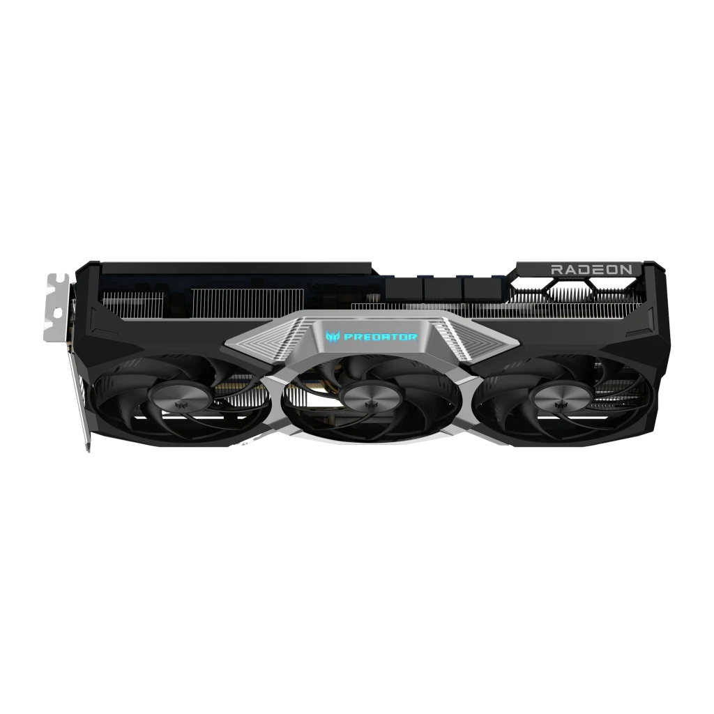 Acer Predator BiFrost Radeon RX 9070 XT 16GB, tarjeta y caja: vista frontal con triple ventilador y packaging OC - Ítem1