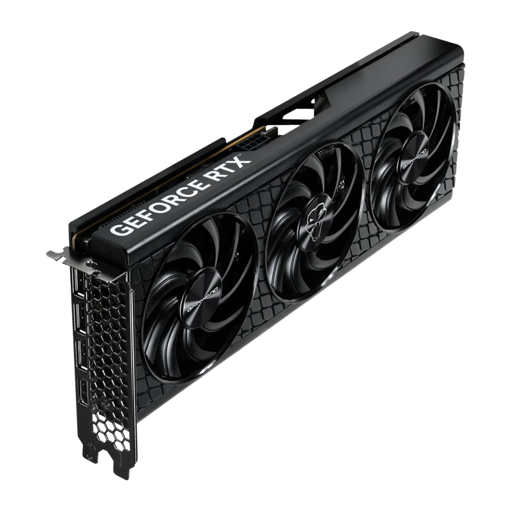 Gainward GeForce RTX 5080 Python III 16GB negra, vista conjunto: tarjeta gráfica con triple ventilador junto a caja de - Ítem3