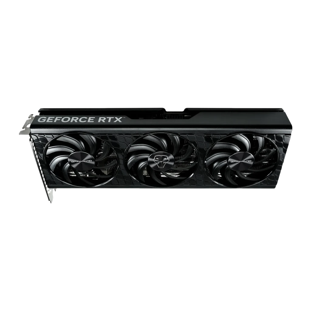 Gainward GeForce RTX 5080 Python III 16GB negra, vista conjunto: tarjeta gráfica con triple ventilador junto a caja de - Ítem1