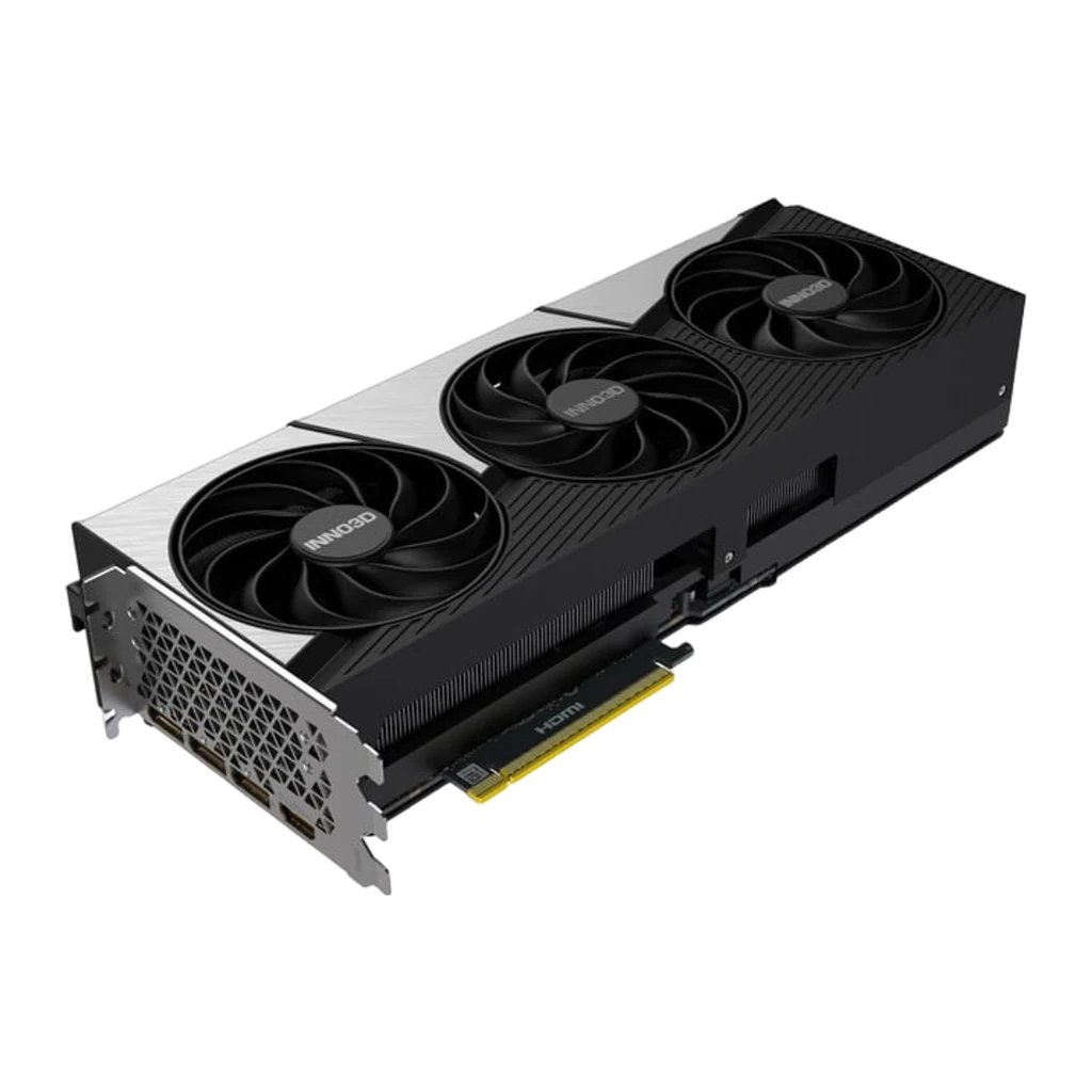 INNO3D GeForce RTX 5090 X3 OC 32GB GDDR7, kit con caja: ángulo más abierto mostrando la tarjeta en posición horizontal junto - Ítem2
